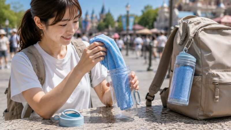 濡れた冷感タオルを透明なケースへ収納してリュックに取り付ける女性