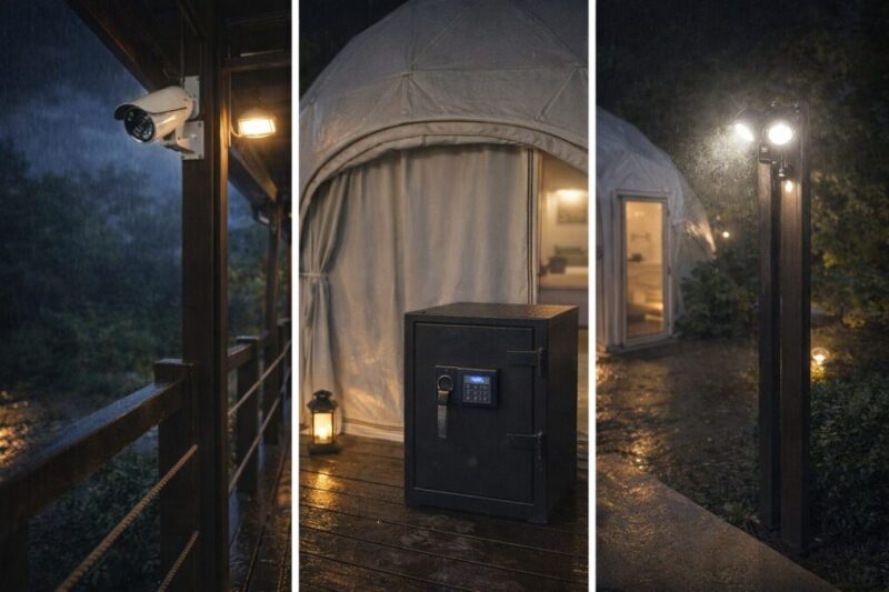 夜間照明や管理棟の近さで安心感があるグランピング施設