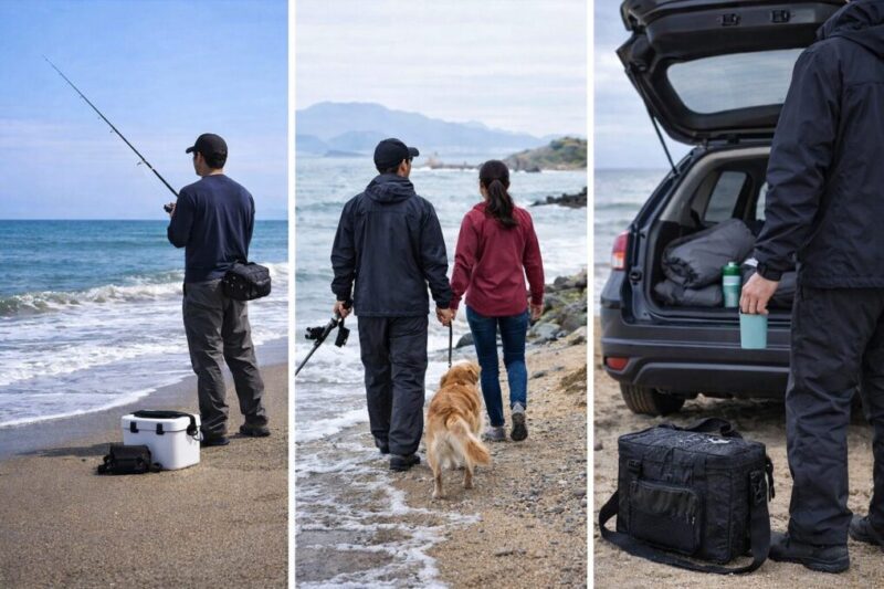 サーフ釣りと海辺散歩と車中泊で共用しやすい装備のイメージ