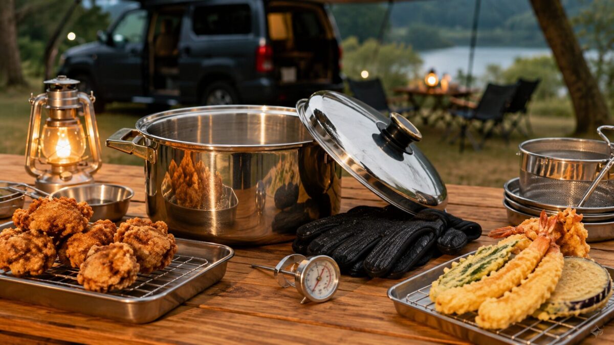 レインボークッカー風のステンレス深鍋でキャンプ飯の揚げ物を楽しむイメージ