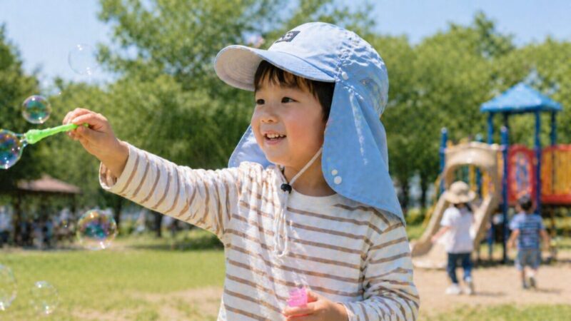 首日よけ付きの帽子をかぶった子供が公園で遊ぶ様子