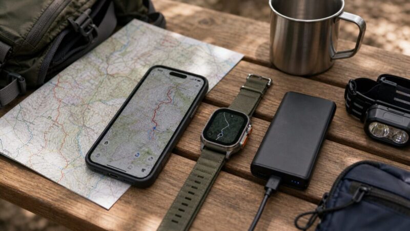 登山前にスマホとスマートウォッチを準備する様子