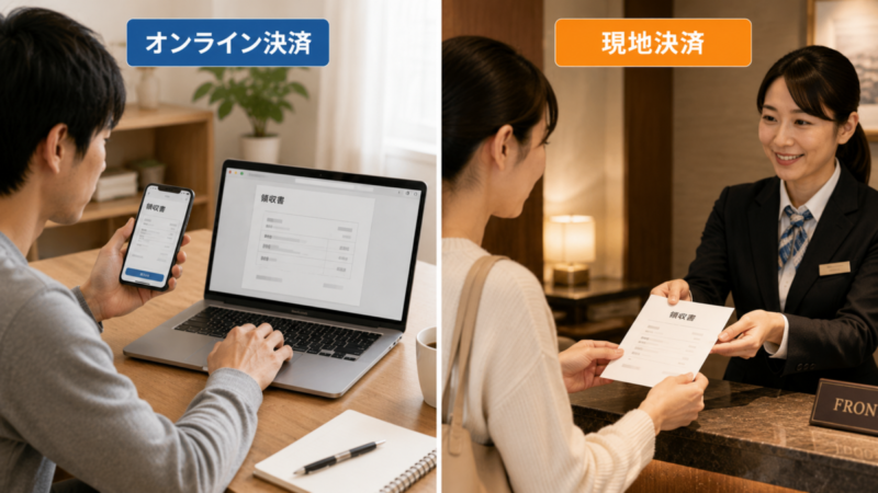 事前カード決済ではスマホやPCで領収書を確認し、現地決済ではホテルフロントで領収書を受け取る違い