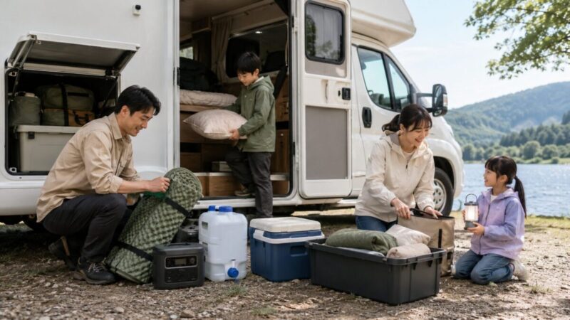 湖畔のキャンピングカーの横で家族がマットや水タンクなど車中泊に必要な装備を準備している様子