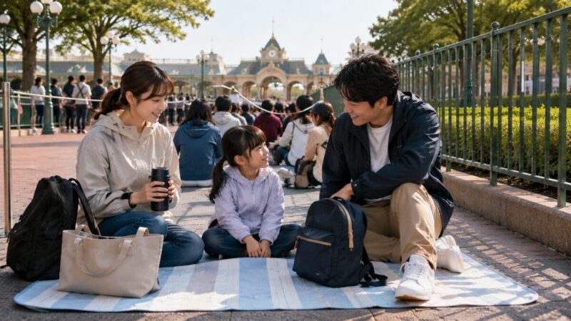 入園待ちの列で家族がレジャーシートに座って待っている様子