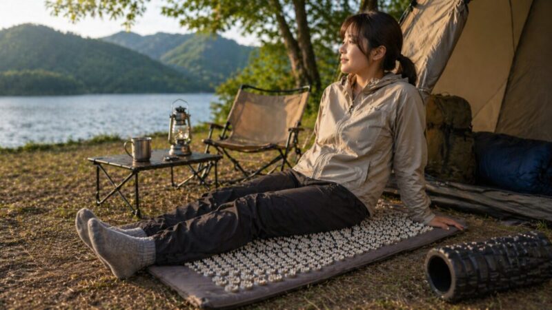 キャンプ後に湖畔のテント前でセルフケアをしながらくつろぐ様子。