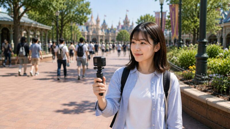 テーマパークの通路で、短い手持ちグリップに付けた小型カメラを胸元の高さで持つ女性。