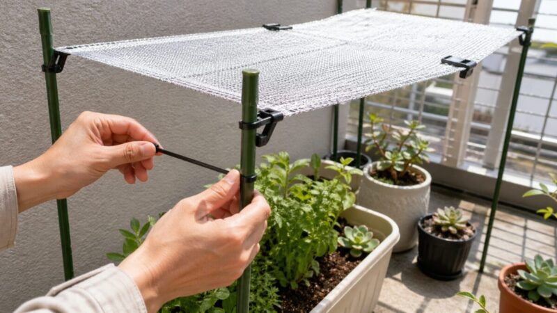 支柱とクリップを使って鉢植えの上に遮光ネットを張っている様子