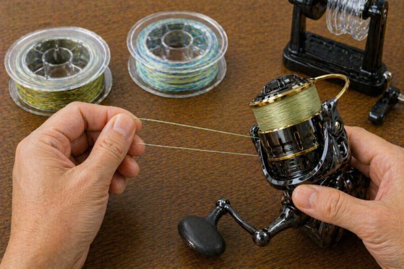 2種類のPEラインを見比べながら、リールへ巻く糸の質感や扱いやすさを確認している様子。