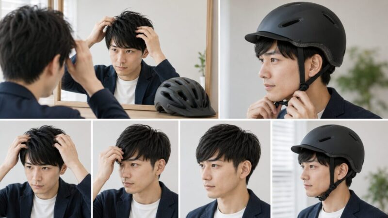 ヘルメットをかぶる前にトップを低く整え前髪を横へ流す男性