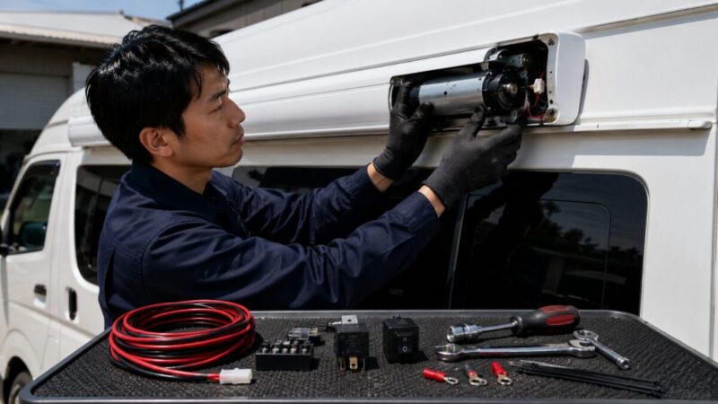 ハイエース用サイドオーニングへ12Vモーターキットを後付けする整備作業