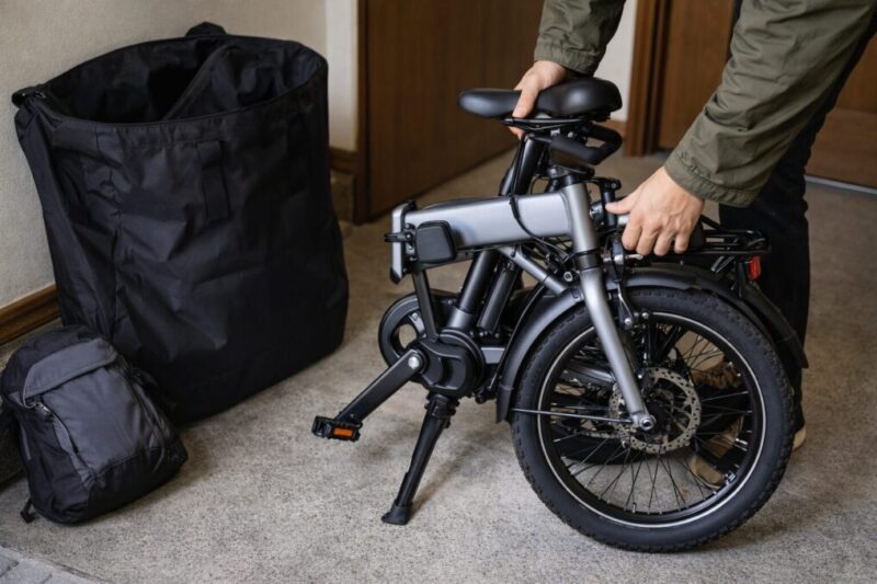 折りたたみ電動自転車を玄関でコンパクトに収納し持ち運びに備える様子