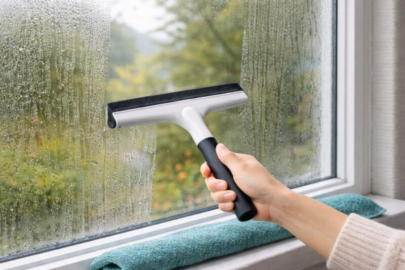 結露で濡れた窓をワイパーで拭き取り、窓枠に敷いたタオルで水だれを防いでいる様子