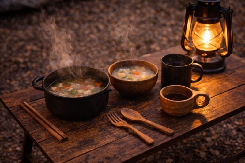 湯気が立つ簡単キャンプごはんと器の雰囲気