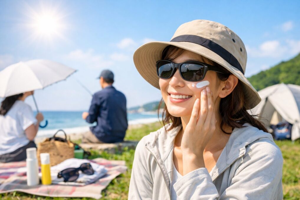 春の外遊びシーンで日焼け止めを塗る様子