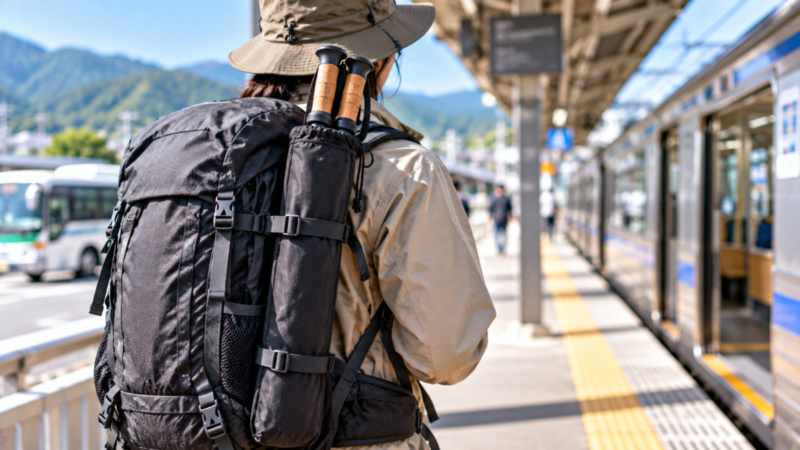 トレッキングポールをケースに収納して駅で持ち運ぶ登山者