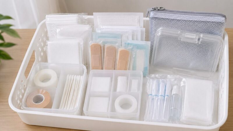 絆創膏やガーゼ、テープ、小型ケースを収納かごにまとめた救急用品の様子