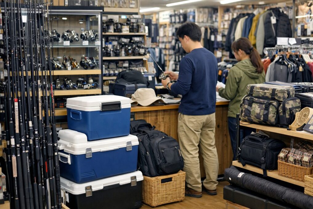 リユースショップの店内で釣竿やリール、アウトドア用品が並ぶセカストの釣竿買取をイメージした風景