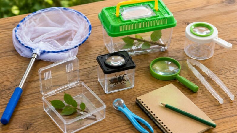 虫取り網や観察ケース、ルーペをそろえた現在の子ども向け昆虫採取キット