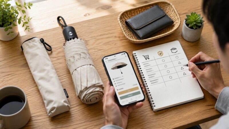 日傘の価格や保証をスマホとメモで購入前に比較している様子