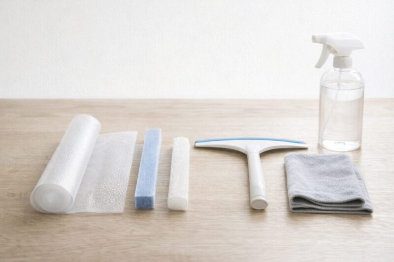結露対策に使うシート、吸水テープ、ワイパー、クロス、スプレーボトルを机の上で役割ごとに比較しやすく並べたイメージ