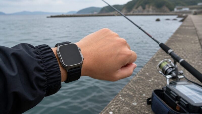 釣りで大きめスマートウォッチの画面を確認するイメージ