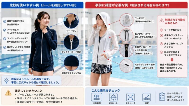 プールで使うラッシュガードのフードやファスナーと装飾の違いを比較した画像