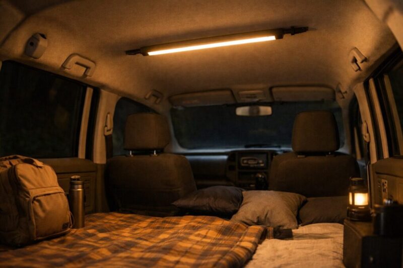 車中泊の天井に設置したバーライトで車内を広く照らしている様子