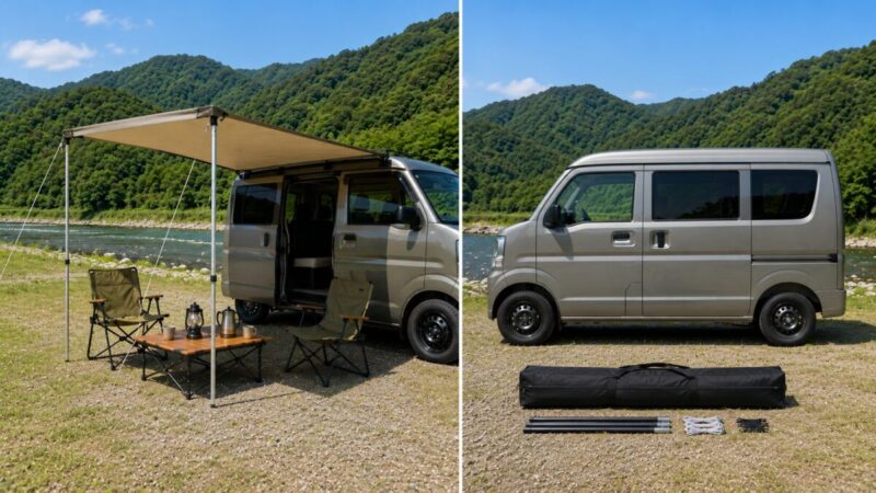 軽バン用サイドオーニングの展開時の張り出しと収納時の大きさを比較した画像