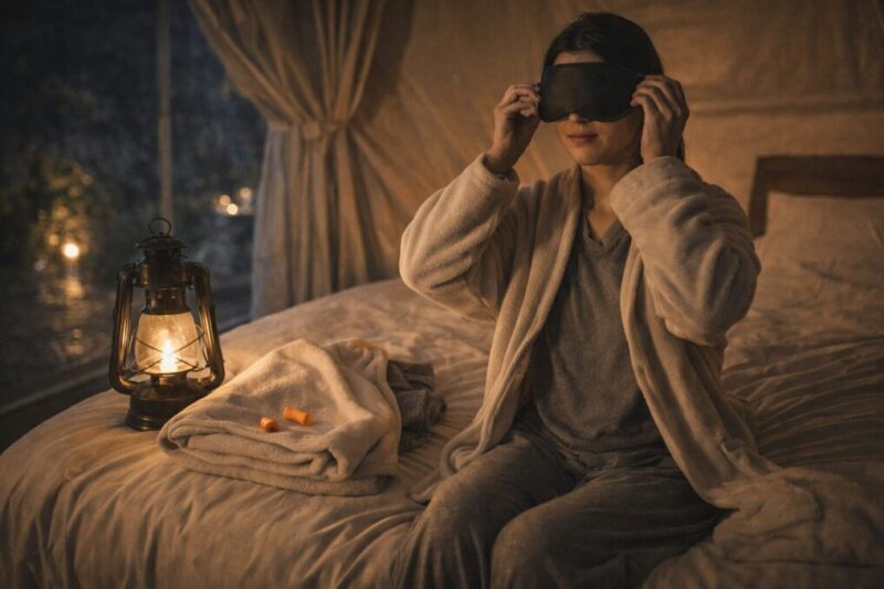 耳栓やアイマスクを準備して快眠対策をするグランピングの室内