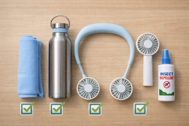 夏のグランピングを快適にする持ち物と暑さ対策グッズのイメージ