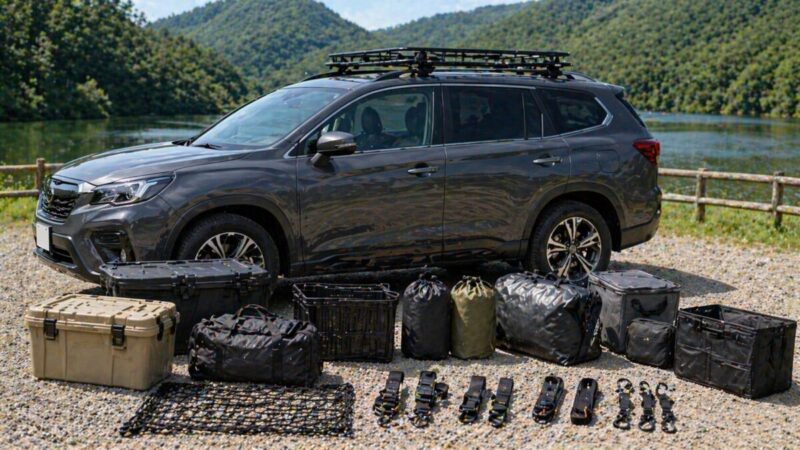 ルーフラックを付けた車の前に収納用品や固定用アイテムを並べて比較しやすくした様子