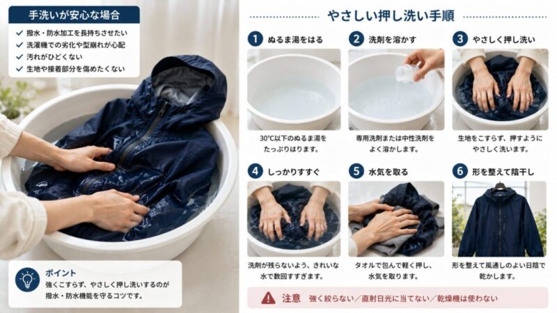 防水ジャケットを洗面器で押し洗いし、すすぎ・水気取り・陰干しまでの流れを示した手洗い手順の図解。