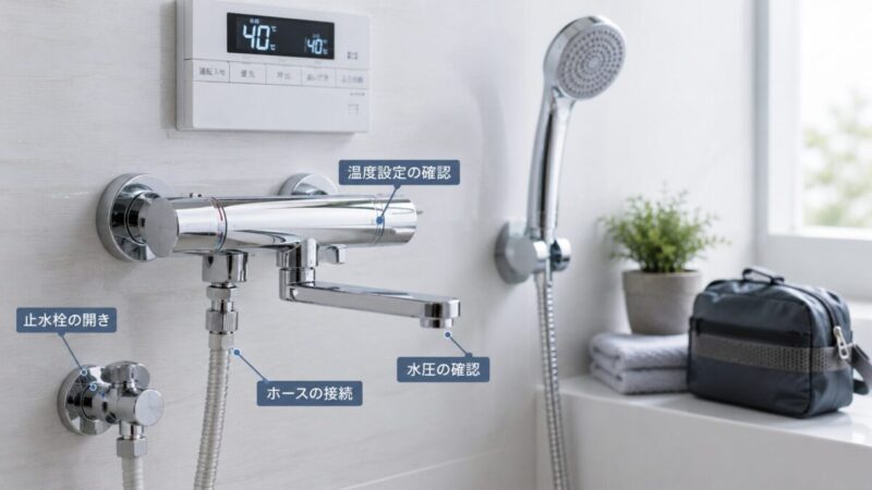 ミストでお湯が出ないと感じたときに、水栓やホース接続部、水圧まわりを確認する浴室の画像。