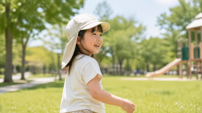 子供用の帽子に首日よけを付けて公園遊びをする様子