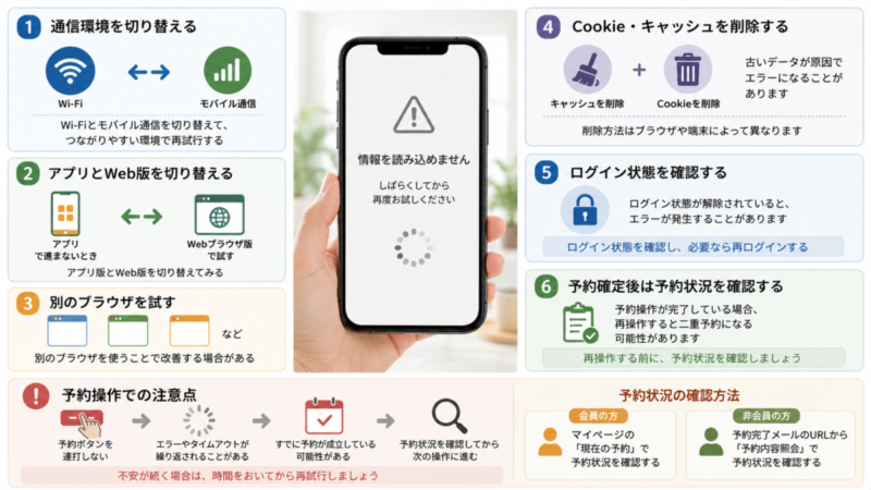 予約画面が進まないときの通信切替・ブラウザ変更・Cookie確認・ログイン確認の手順