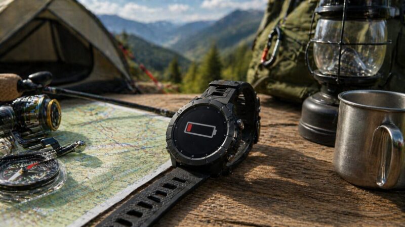 登山地図や釣り具、キャンプ用品と一緒に置かれたスマートウォッチの電池切れを示す写真。