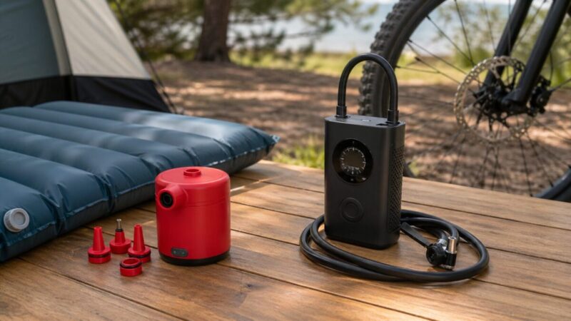 キャンプ用小型ポンプと自転車用電動空気入れの違いを比較している様子