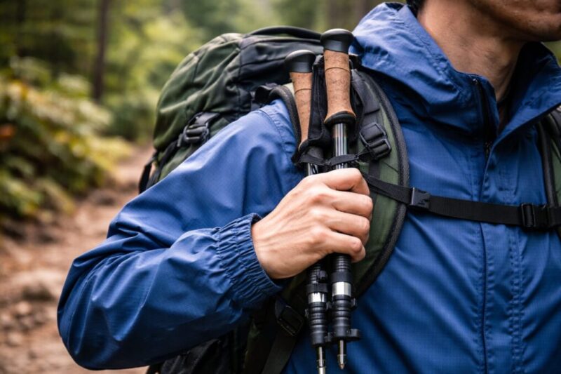 歩きながらトレッキングポールを出し入れする手元のイメージ