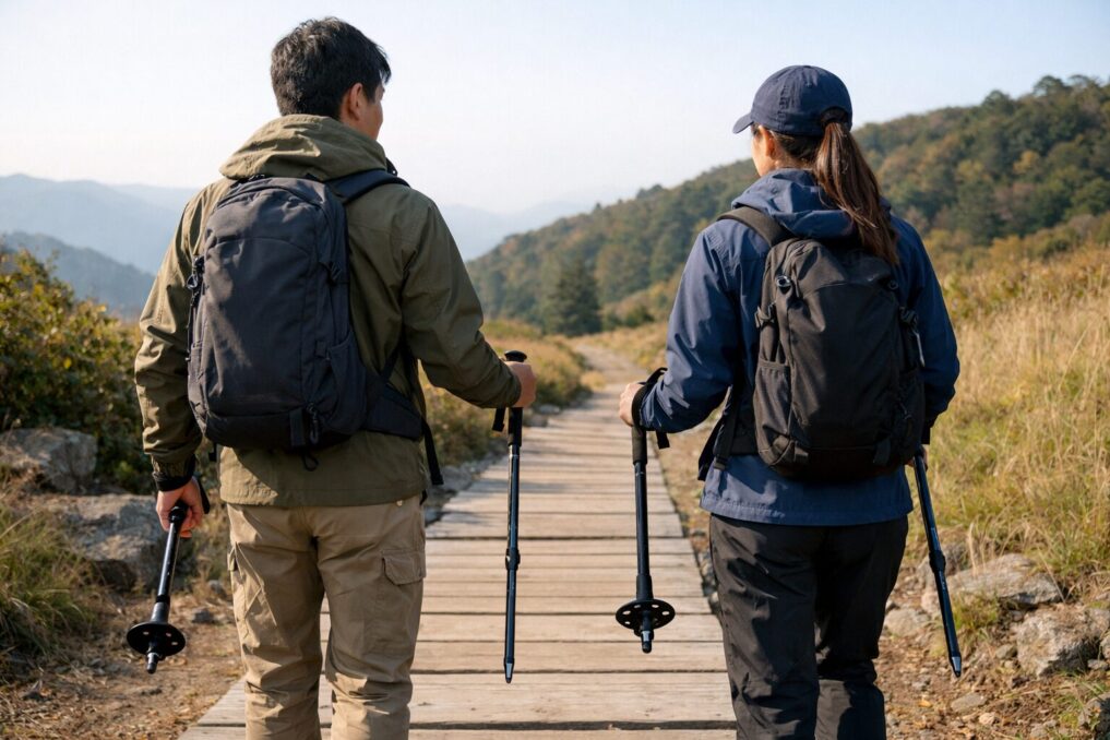 低山の登山道でトレッキングポールのバスケット有無を比較しながら歩くハイカー