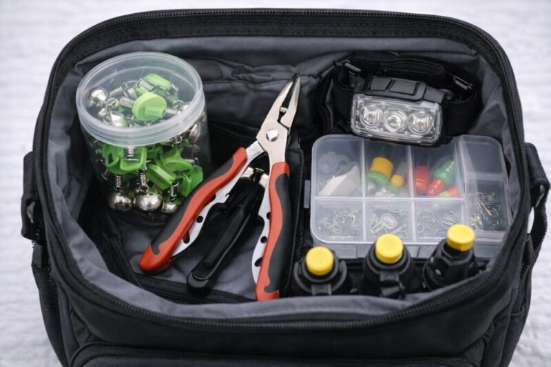 釣行バッグに釣り鈴やプライヤーや小物ケースを入れた実用イメージ