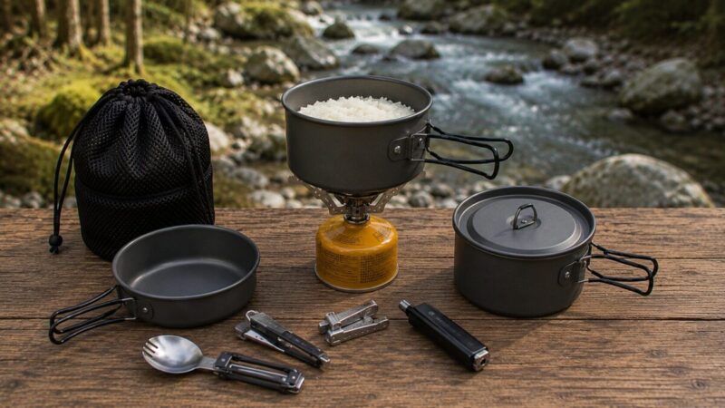 屋外テーブルでクッカーを使ってご飯を炊いているソロキャンプ飯のイメージ