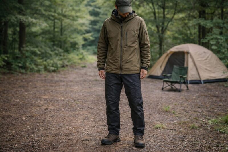 落ち着いた色味で清潔感と動きやすさを重視したキャンプの服装イメージ