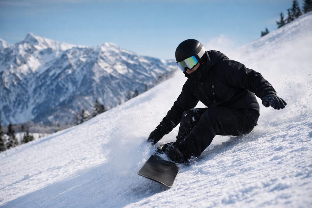 雪面を深く切り込んでカービングするスノーボーダーのイメージ