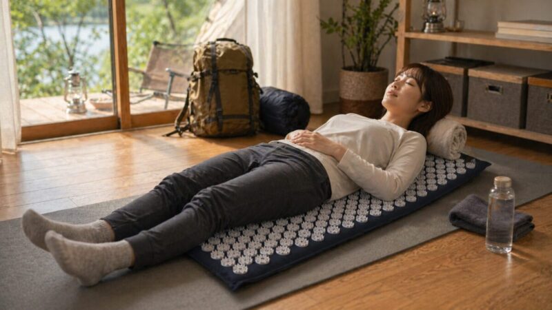 室内で指圧マットに寝転び、外遊び後のリラックスタイムを過ごす様子。