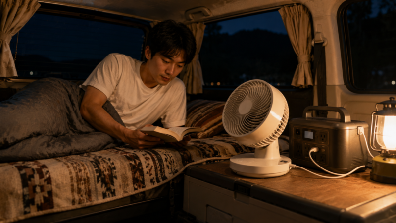 車中泊でポータブル電源からサーキュレーターを動かして夜を過ごす様子