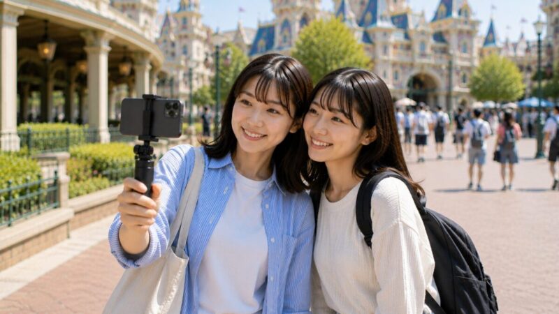 テーマパーク風の広場で、短いスマホ用ハンドグリップを使って記念写真を撮る女性2人。
