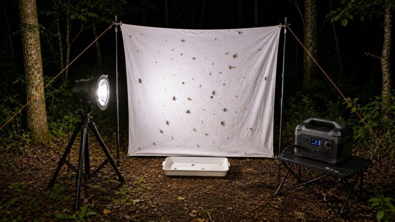 白布・三脚付き投光器・ポータブル電源を配置した昆虫採集用ライトトラップの基本的な設営例