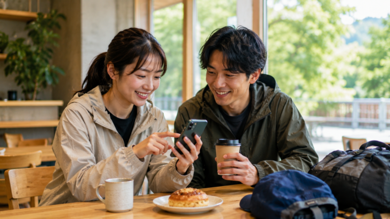 外遊び帰りにカフェでスマートフォンを確認する男女
