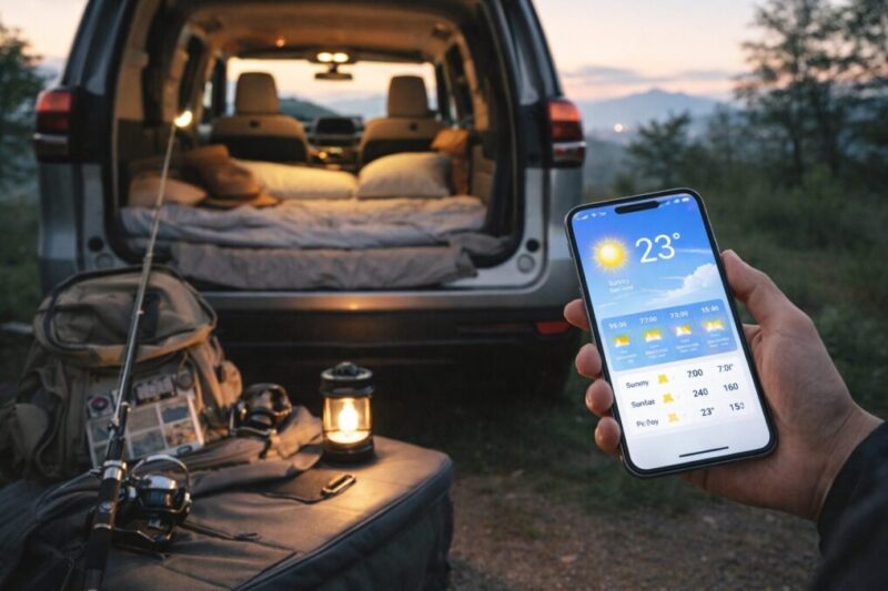 釣りと車中泊の準備で天気アプリを活用する朝のイメージ